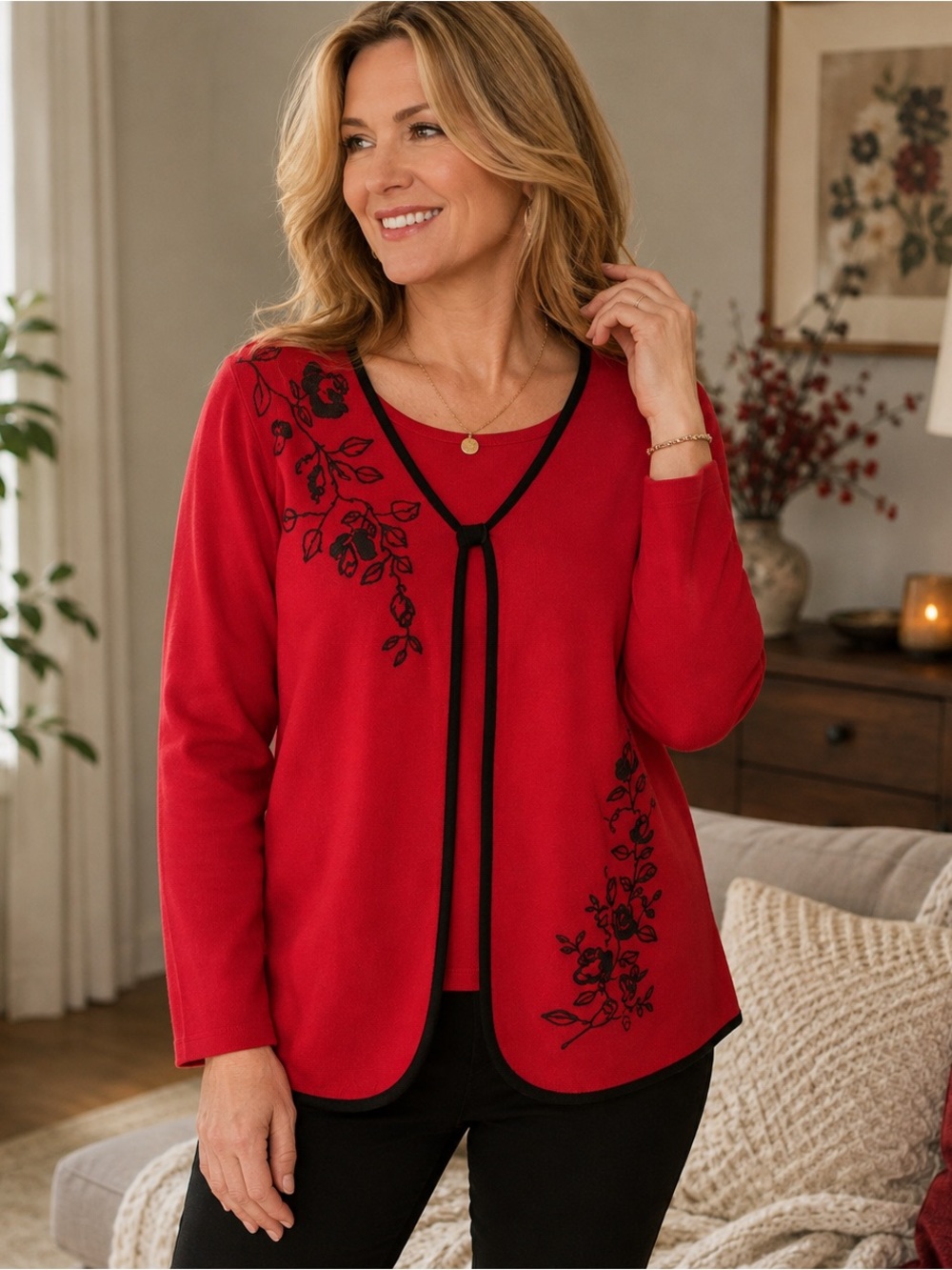 Vintage Teddi Women’s XL Red Black Floral Embroidered Layered Look Sweater Top